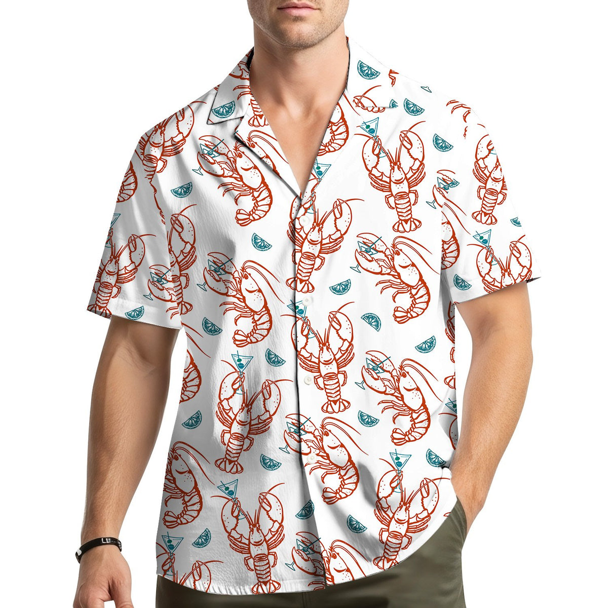 Lifestyle view of matching family hawaiian shirts in lobster print