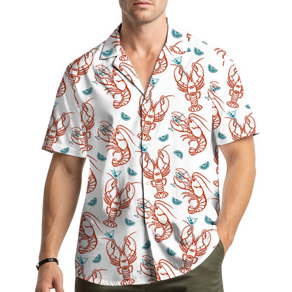 Lifestyle view of matching family hawaiian shirts in lobster print