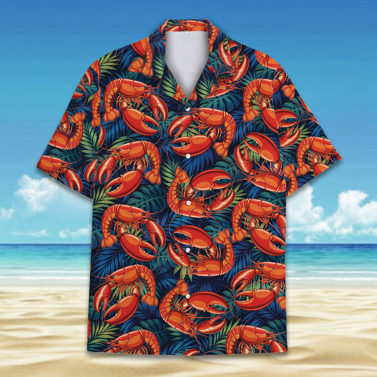 Front view of the lobster tropical hawaiian shirt with dark blue background