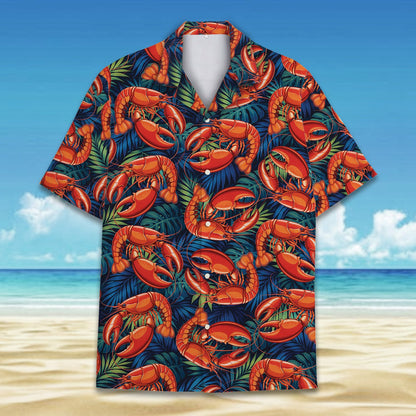 Front view of the lobster tropical hawaiian shirt with dark blue background