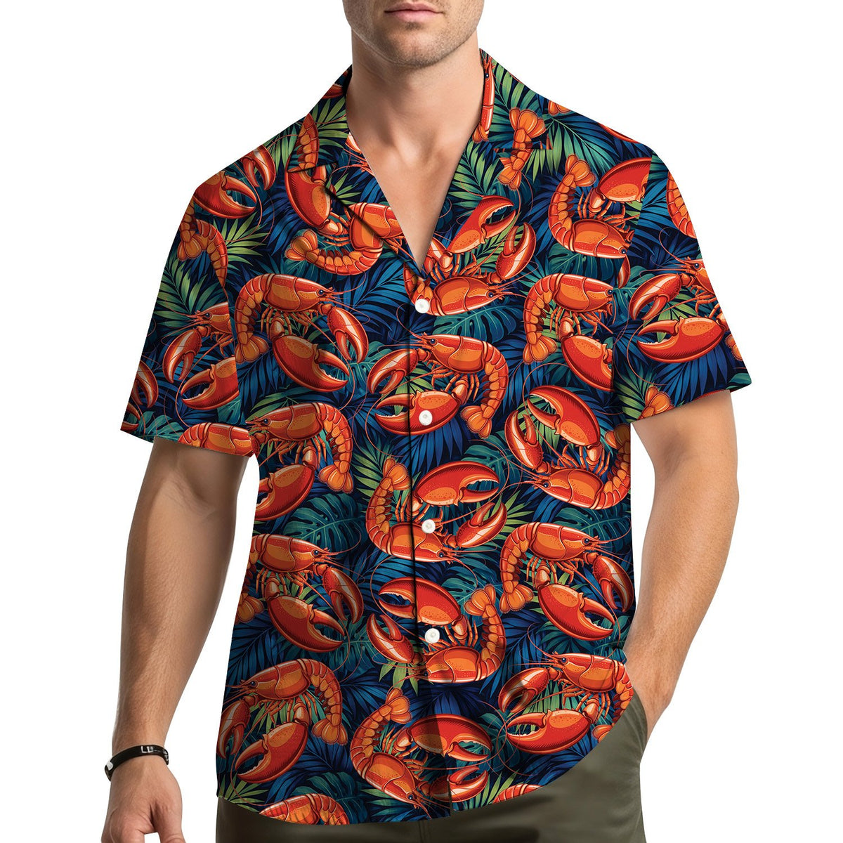 Another lifestyle view showing the lobster tropical hawaiian shirt in a summer setting