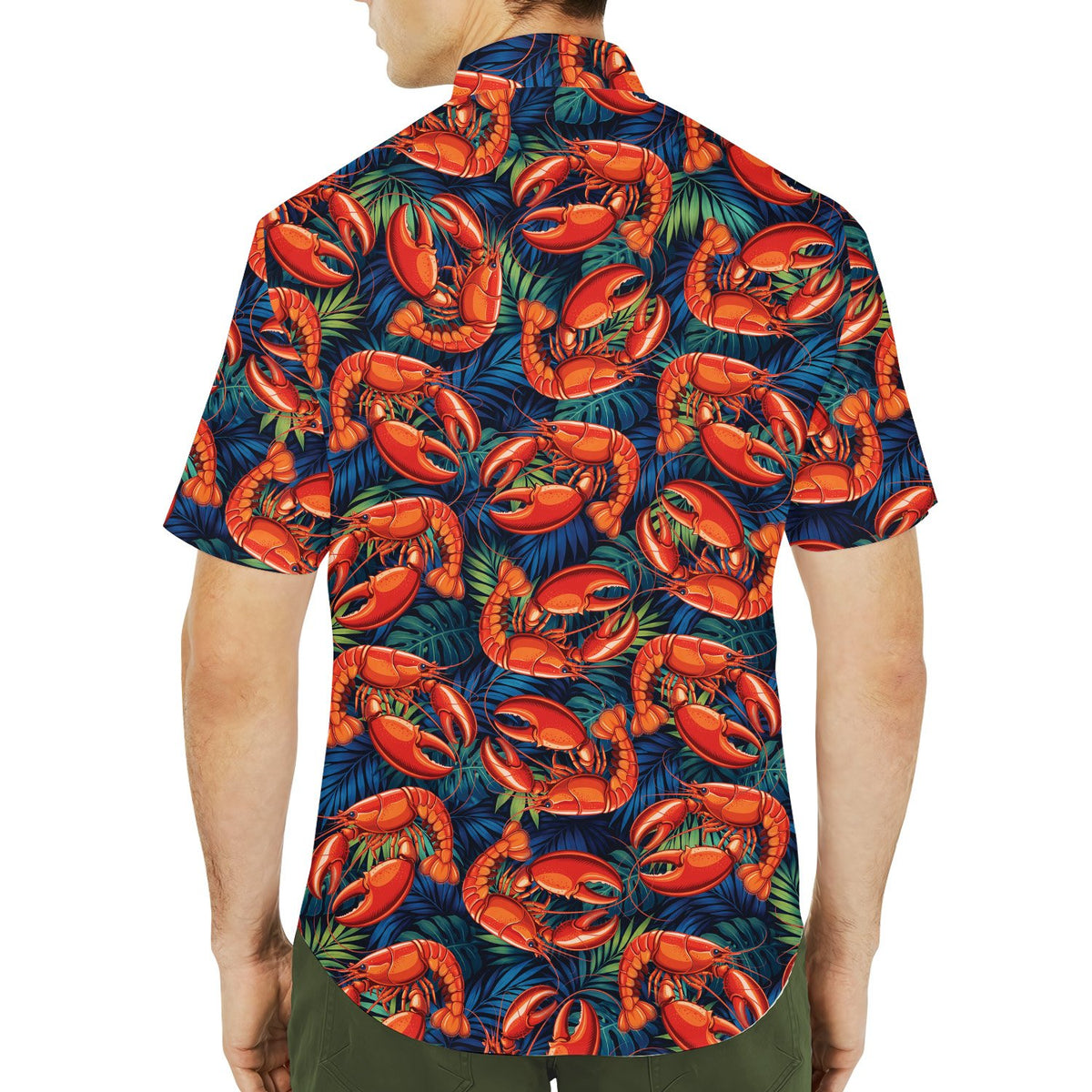 Lifestyle view of someone wearing the lobster tropical hawaiian shirt outdoors