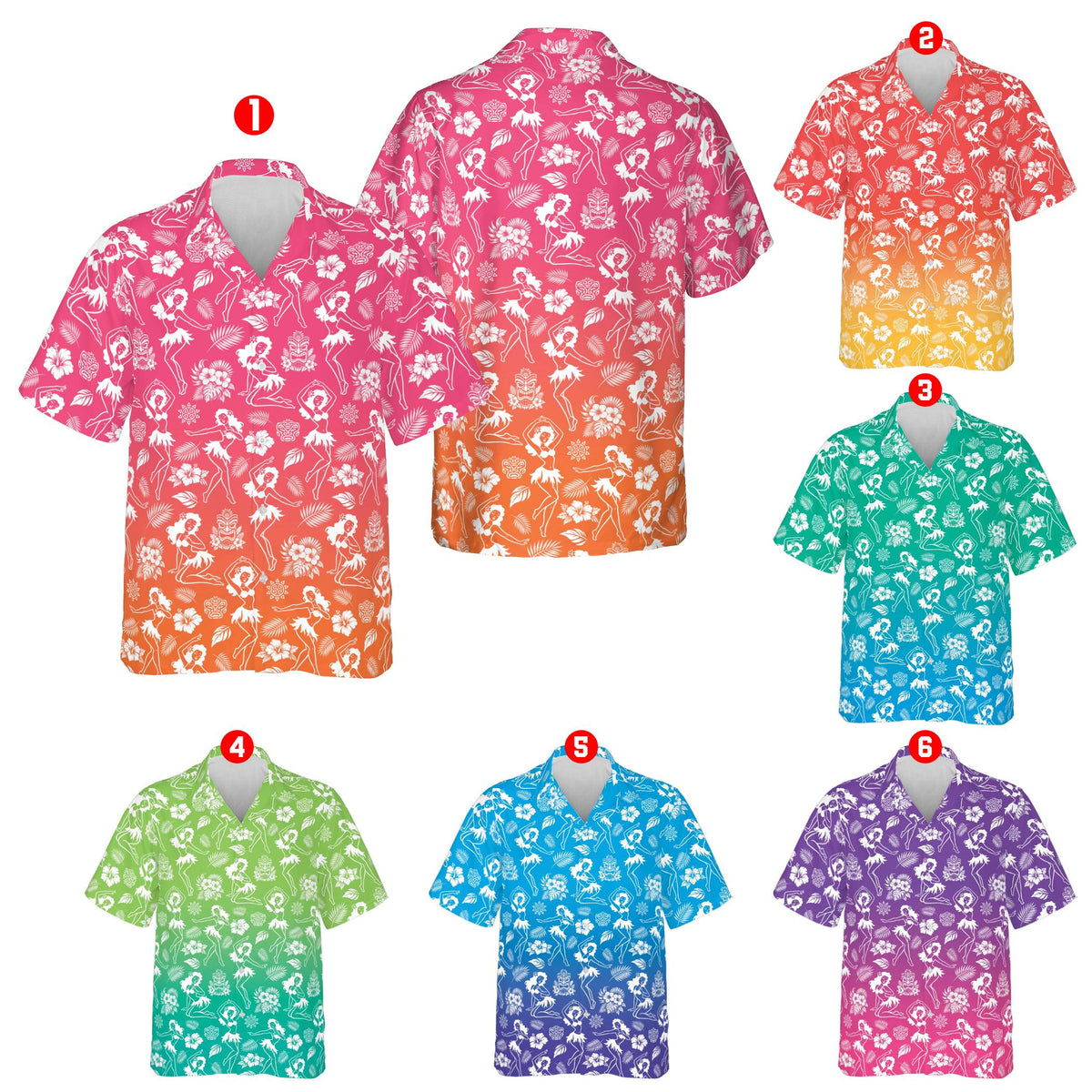 Front view of the luau hawaiian shirt with white tropical silhouettes