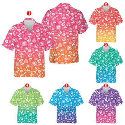 Front view of the luau hawaiian shirt with white tropical silhouettes