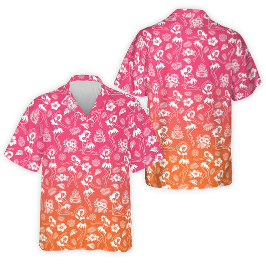 Group of matching family hawaiian shirts featuring a multicolor luau tiki and hula print