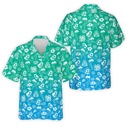 Front view of the orange luau hawaiian shirt variation