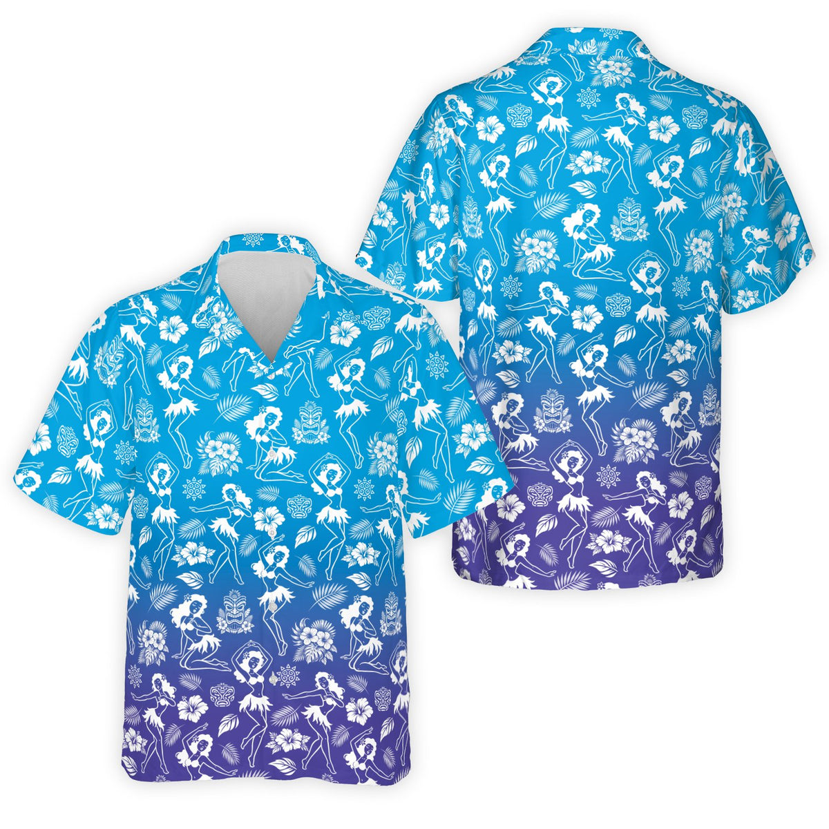 Front view of the blue luau hawaiian shirt variation