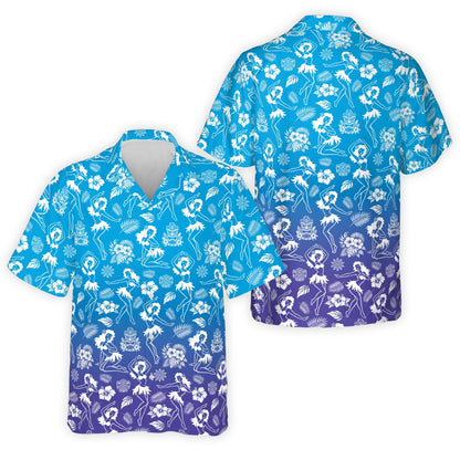 Front view of the blue luau hawaiian shirt variation