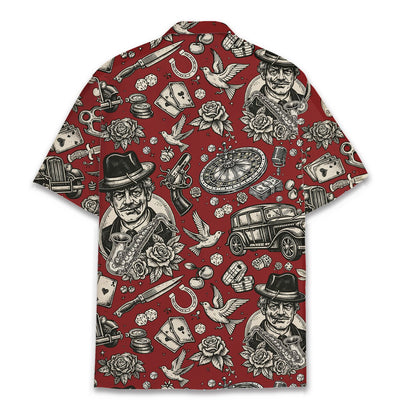 Back view of the red vintage gangster pattern hawaiian shirt