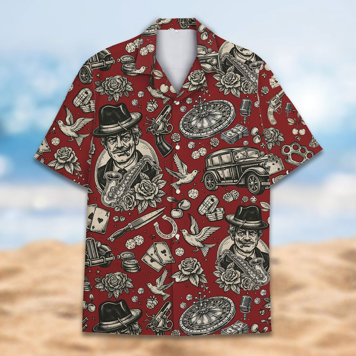 Front view of the dark red vintage gangster hawaiian shirt