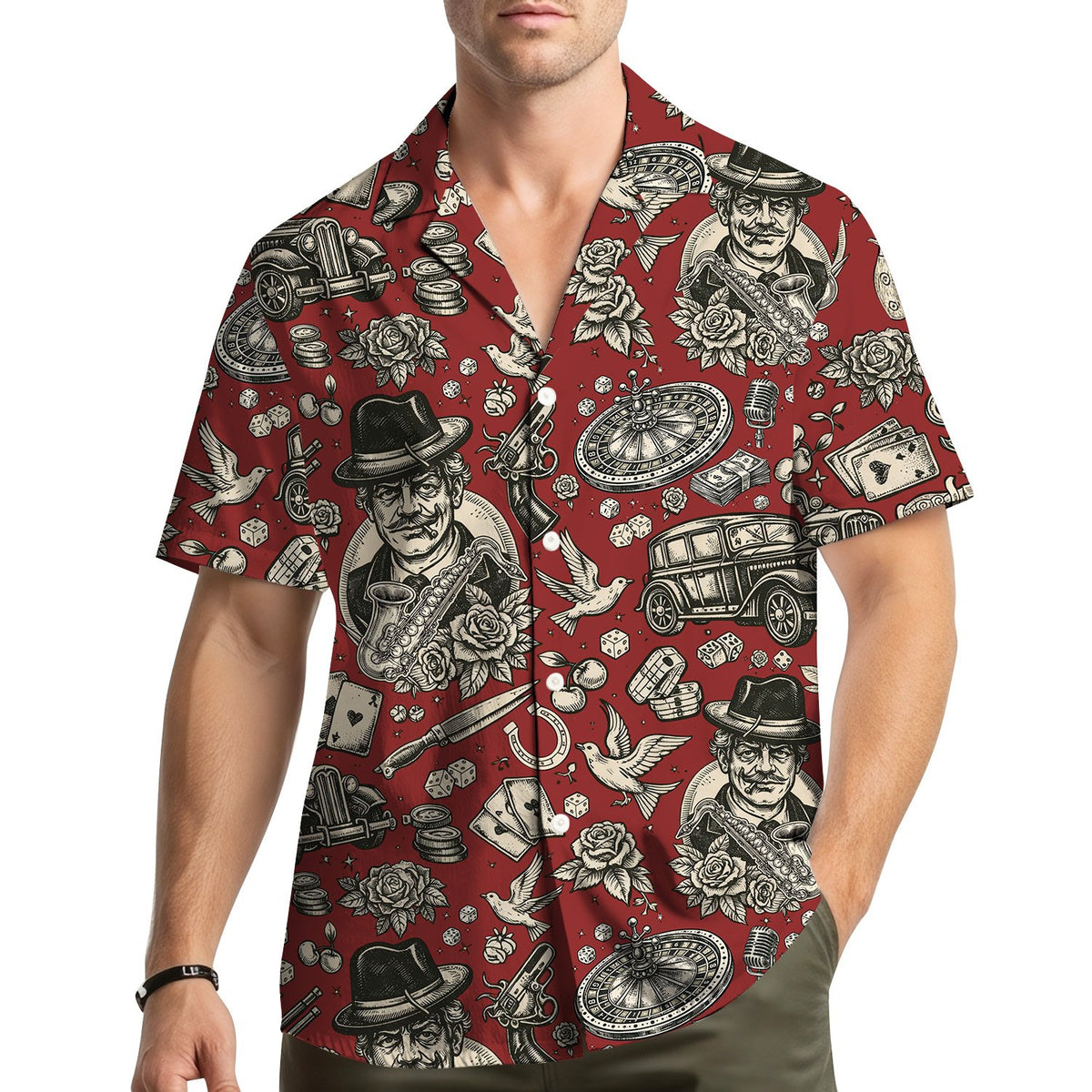 Lifestyle view of someone wearing the mafia/vintage gangster hawaiian shirt