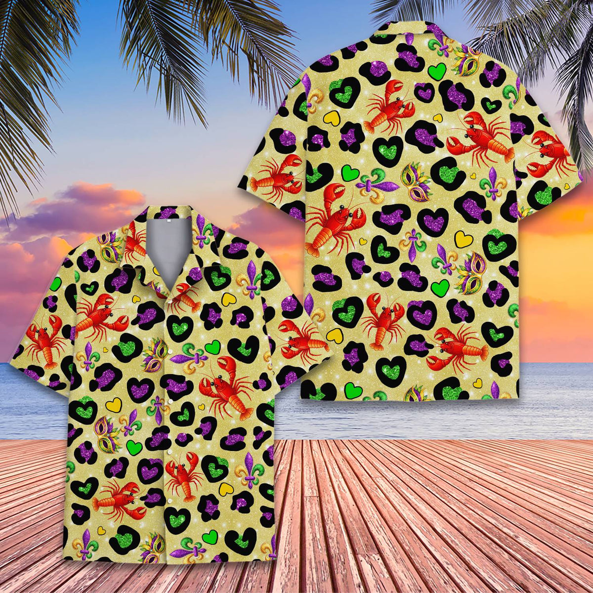 Another front view of the festive Mardi Gras hawaiian shirt