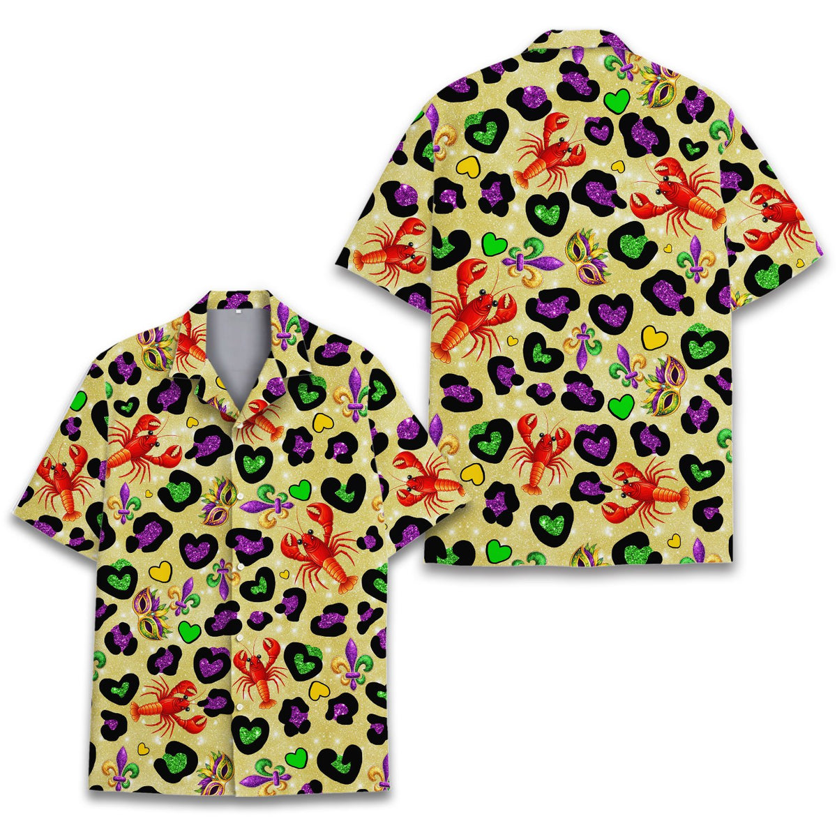 Front view of the beige mardi hawaiian shirt