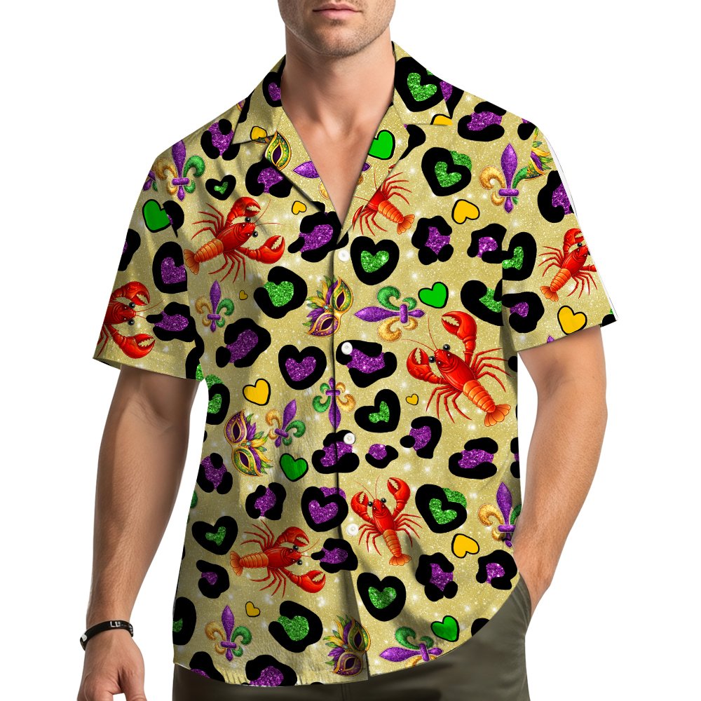 Lifestyle image showing the beige mardi hawaiian shirt being worn