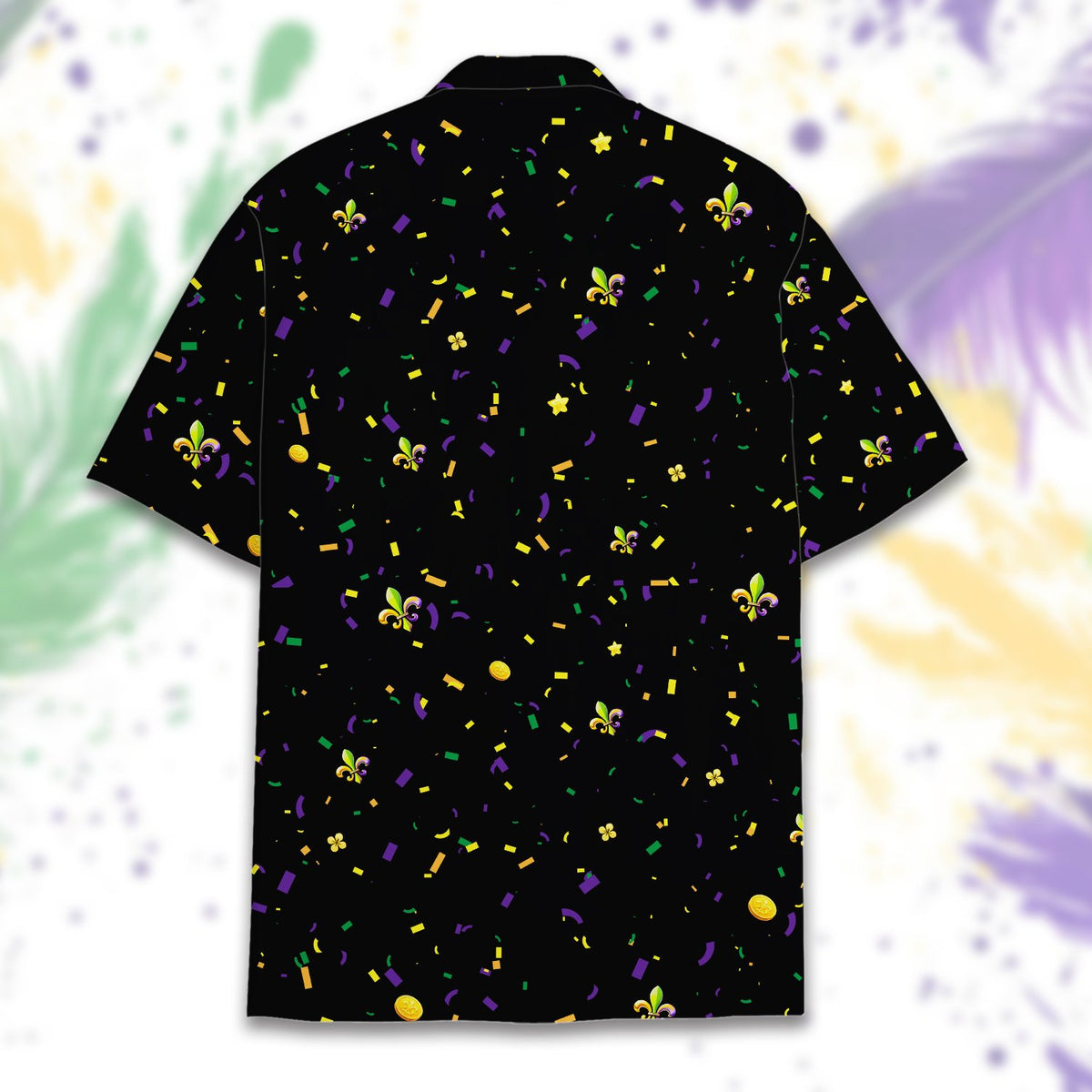 Detailed back view of black mardi gras hawaiian shirt