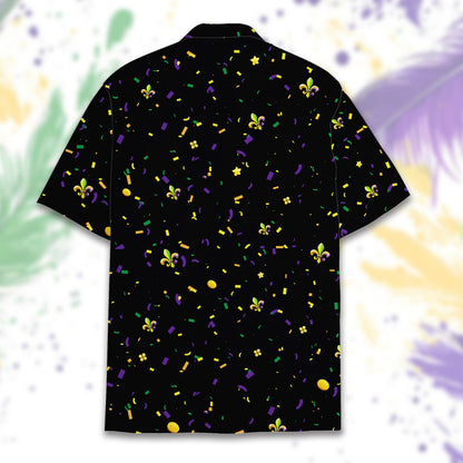 Detailed back view of black mardi gras hawaiian shirt