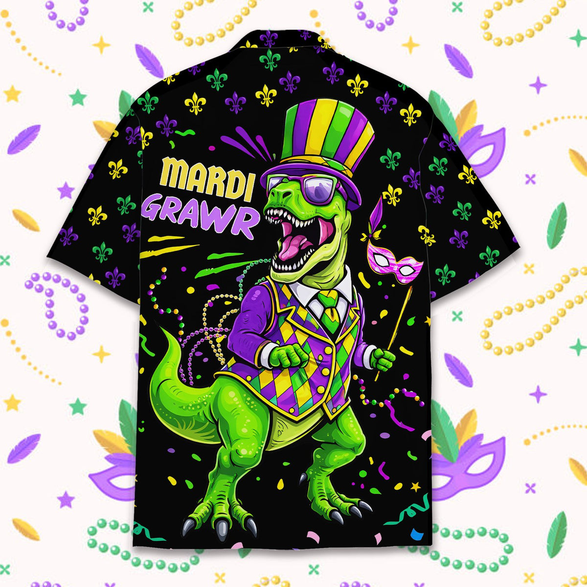 Back view of the black mardi gras hawaiian shirt with all-over dinosaur print
