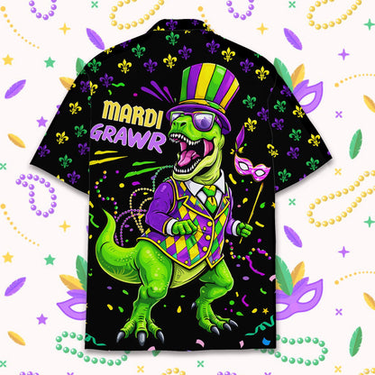 Back view of the black mardi gras hawaiian shirt with all-over dinosaur print