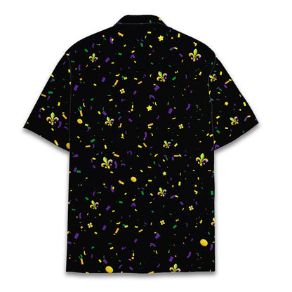 Back view of black mardi gras hawaiian shirt with colorful pattern