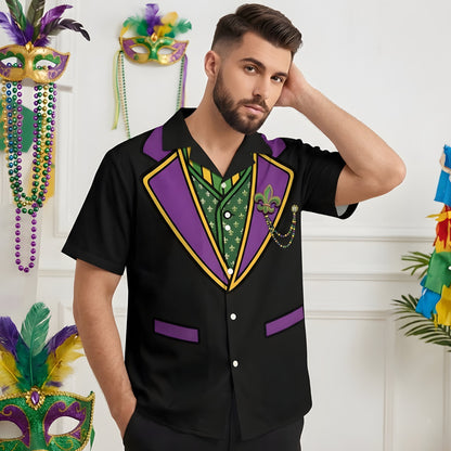 Mardi gras hawaiian shirt featuring a trompe l'oeil formal suit jacket design, front view