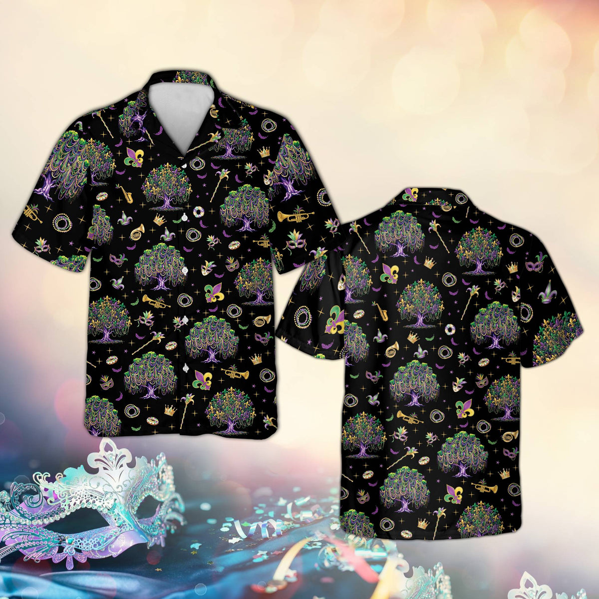 Black matching family hawaiian shirt with vibrant mardi gras design, front view