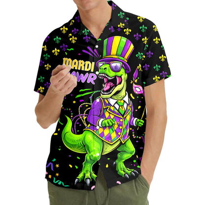 Close-up front view of the mardi grawr hawaiian shirt