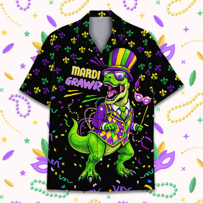 Black mardi gras hawaiian shirt featuring a T-Rex in festive gear, main view