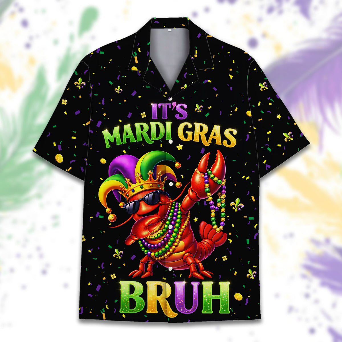 Black mardi gras hawaiian shirt with crawfish design, main view 3