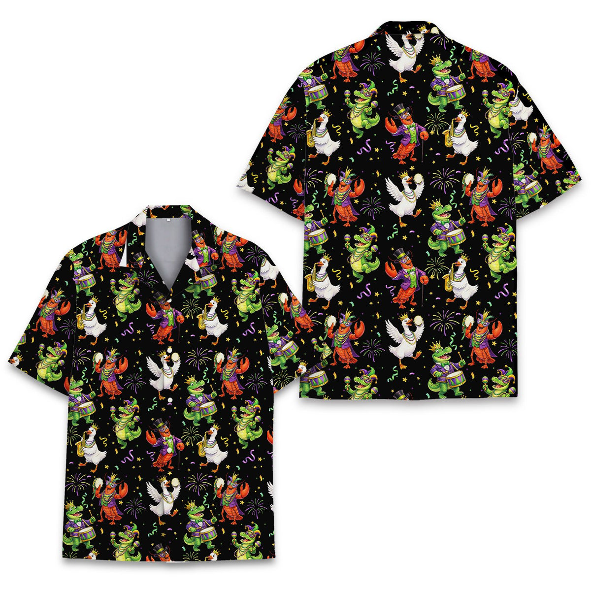 Front view of the mardi gras hawaiian shirt with alligators and crawfish