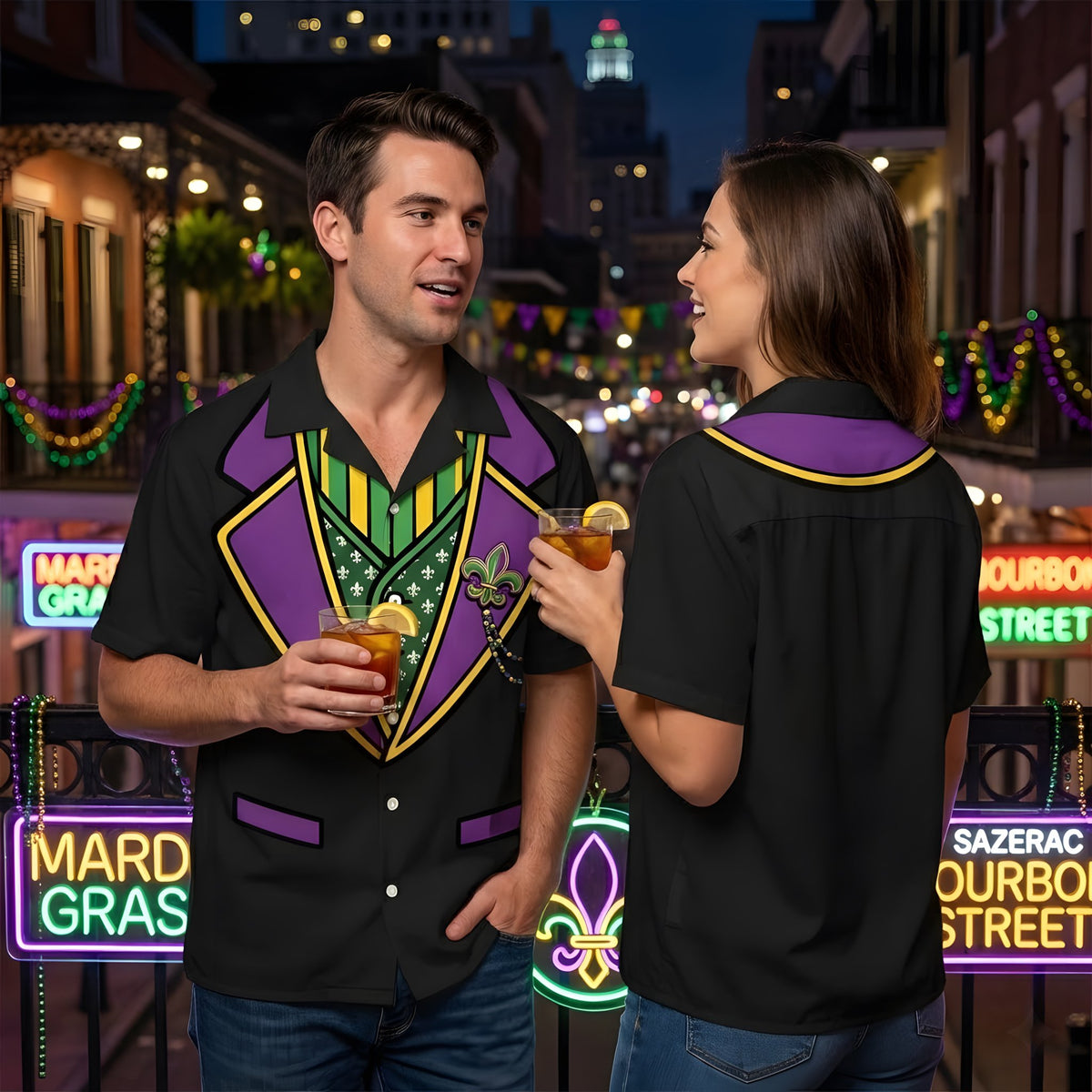 Second lifestyle view of the matching family Mardi Gras Hawaiian shirt