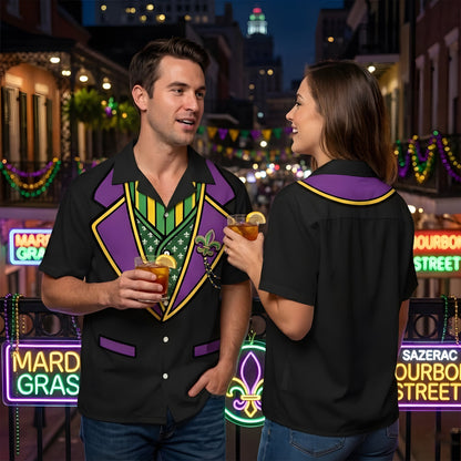 Second lifestyle view of the matching family Mardi Gras Hawaiian shirt