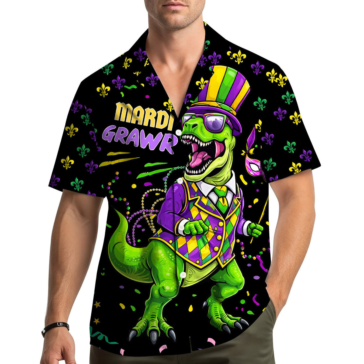 Lifestyle view of an adult wearing the matching family hawaiian shirts