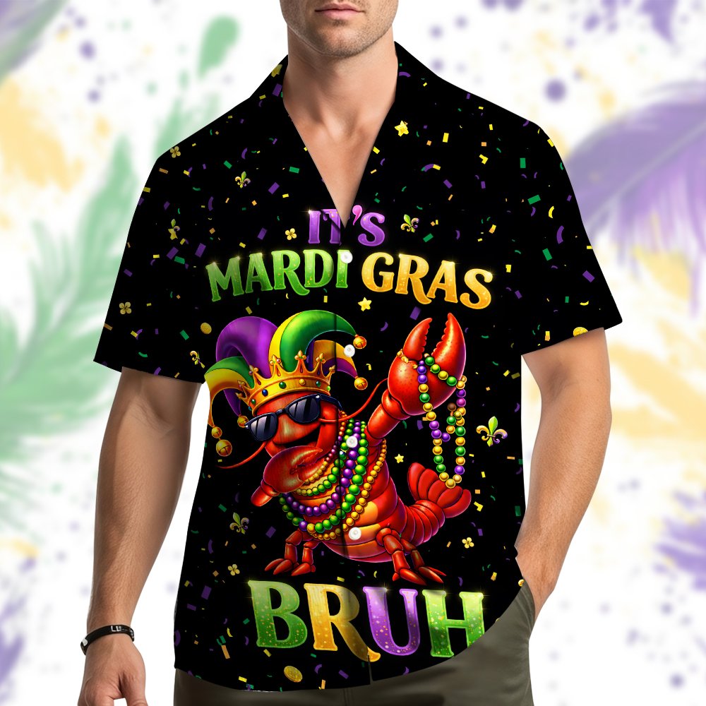 Lifestyle view of matching family hawaiian shirts for Mardi Gras