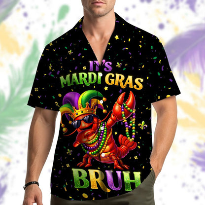 Lifestyle view of matching family hawaiian shirts for Mardi Gras