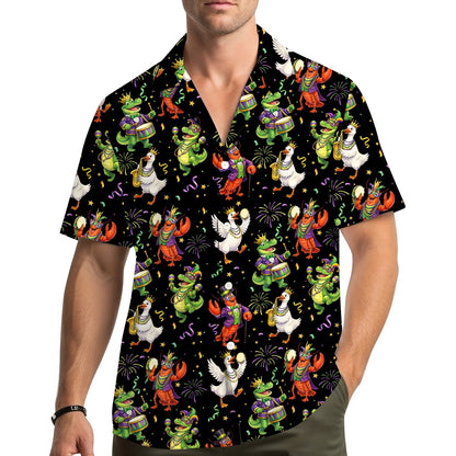 Lifestyle view of a person wearing the black mardi hawaiian shirt