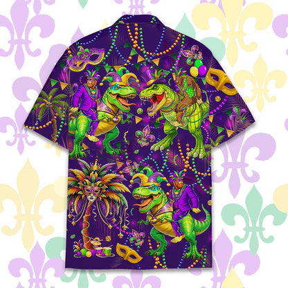 Detailed back view of the Mardi Gras dinosaur hawaiian shirt