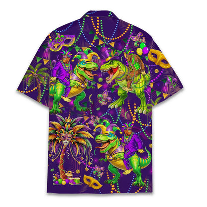 Close-up back view of the Mardi Gras dinosaur hawaiian shirt displaying Fleur-de-lis symbols