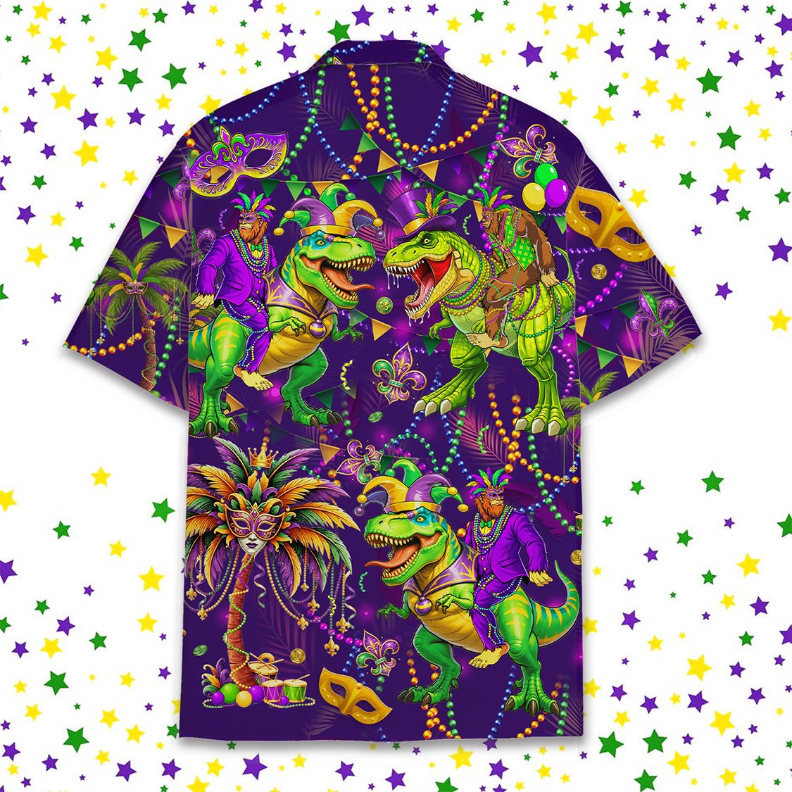 Back view of the purple Mardi Gras dinosaur hawaiian shirt