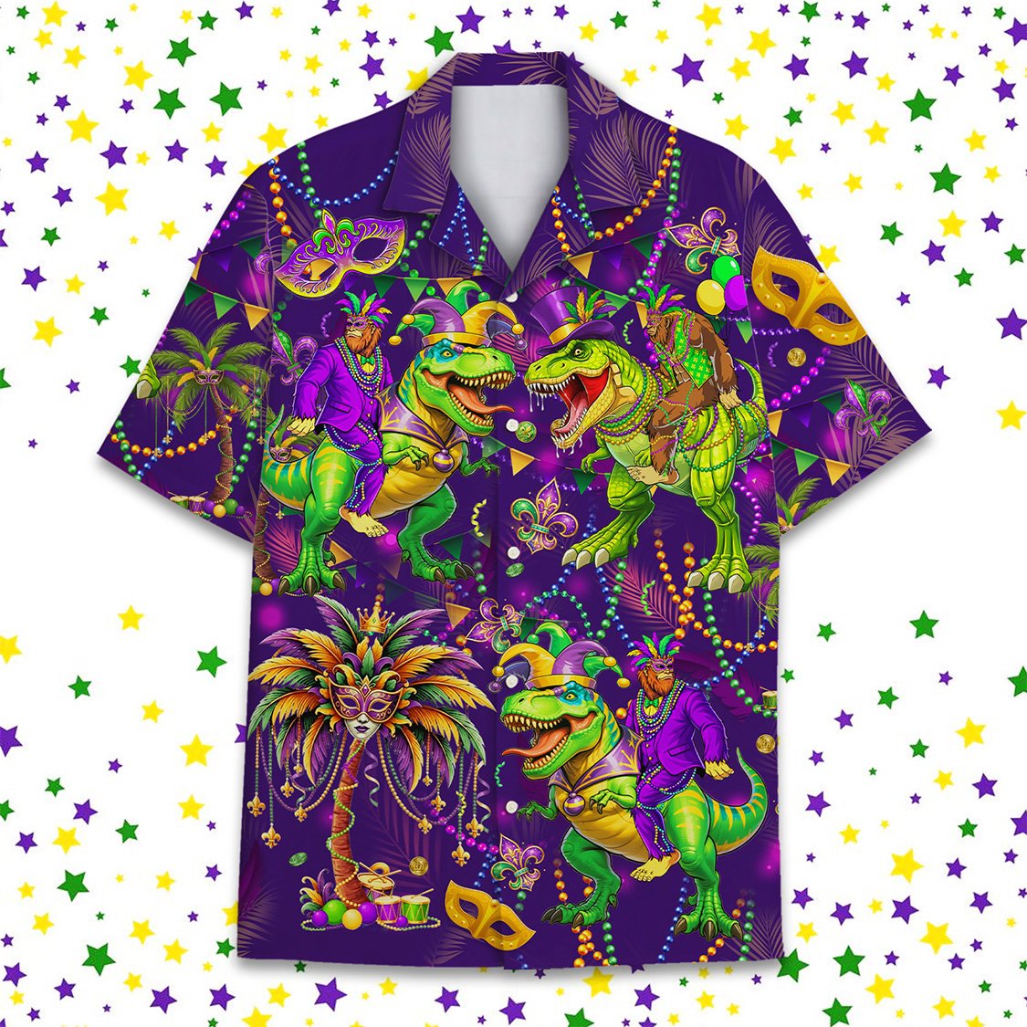 Detailed front view of the Mardi Gras dinosaur hawaiian shirt showing button details
