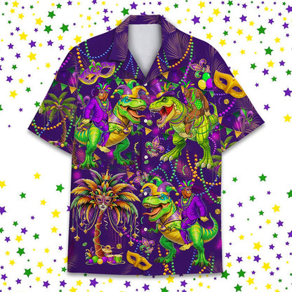 Detailed front view of the Mardi Gras dinosaur hawaiian shirt showing button details