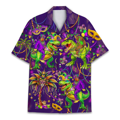 Close-up front view of the playful Mardi Gras dinosaur hawaiian shirt print