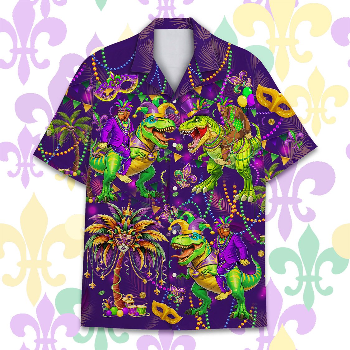 Vibrant Mardi Gras dinosaur hawaiian shirt for family matching outfits, main view