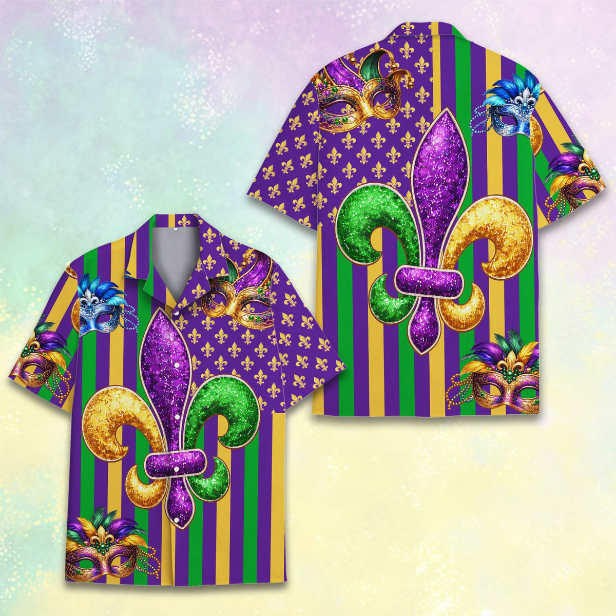 Alternative front view of the festive Mardi Gras Hawaiian shirt