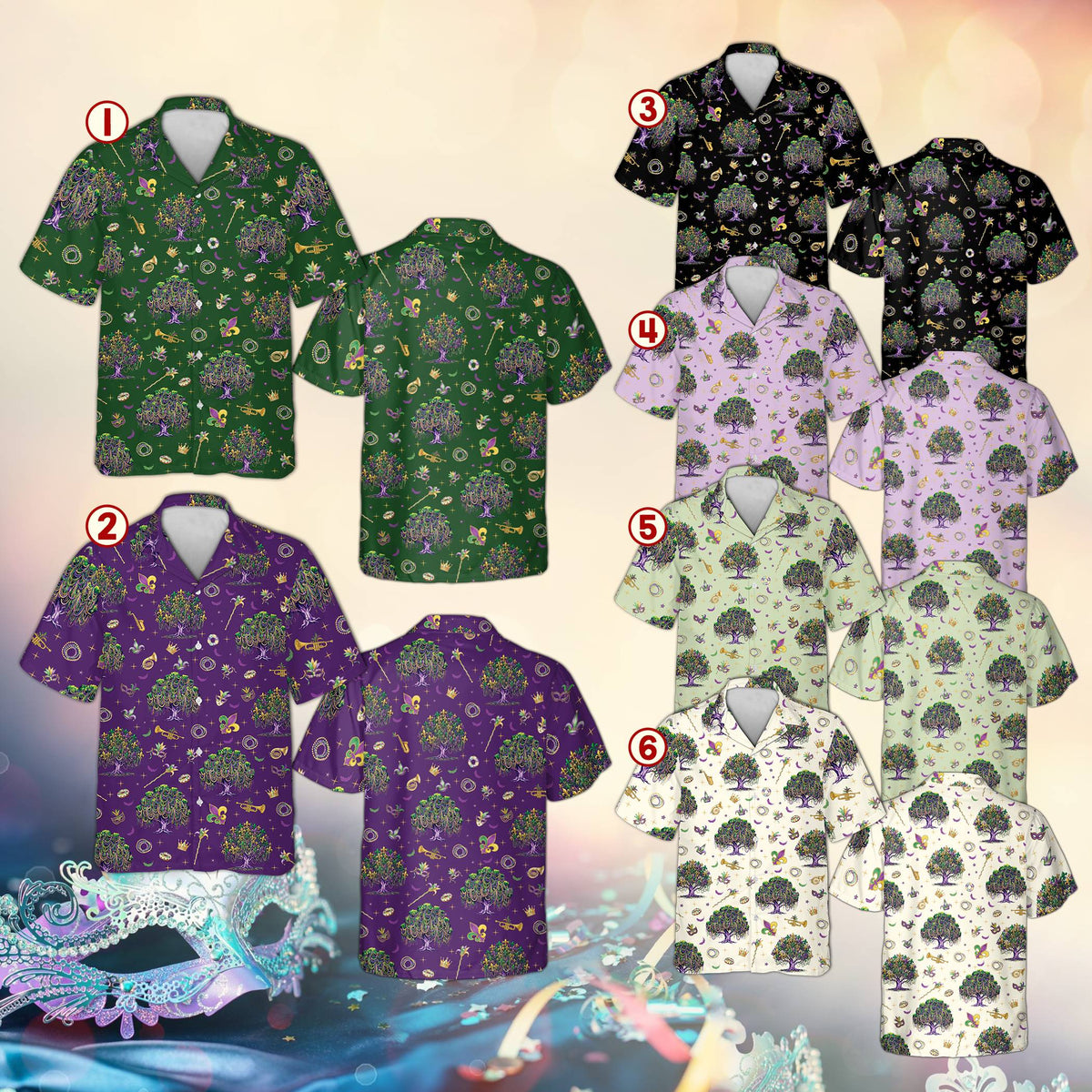 Mardi gras hawaiian shirt displaying festive holiday pattern, front view