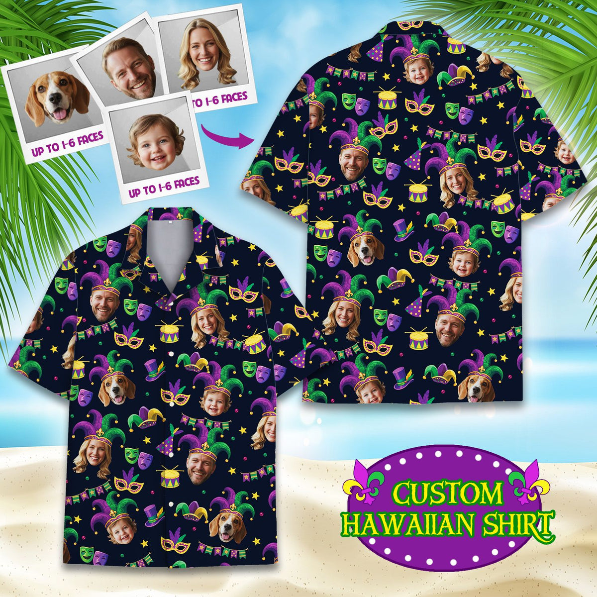 Additional front view of the navy mardi hawaiian shirt