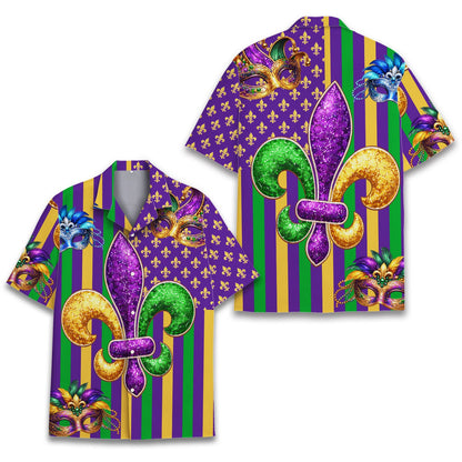 Front view of the Mardi Gras Hawaiian shirt featuring detailed masks and a half-and-half design
