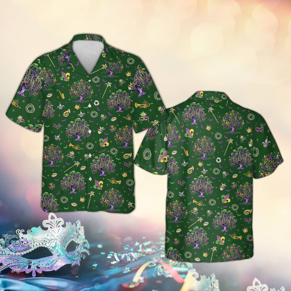 Green mardi gras hawaiian shirt with ornate trees, beads, masks, and musical instruments, main view