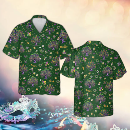Green mardi gras hawaiian shirt with ornate trees, beads, masks, and musical instruments, main view