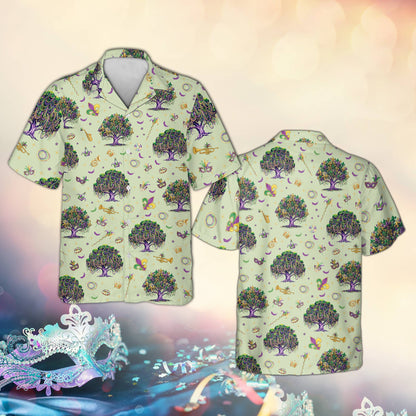 Green matching family hawaiian shirt featuring fleur-de-lis and crowns, front view