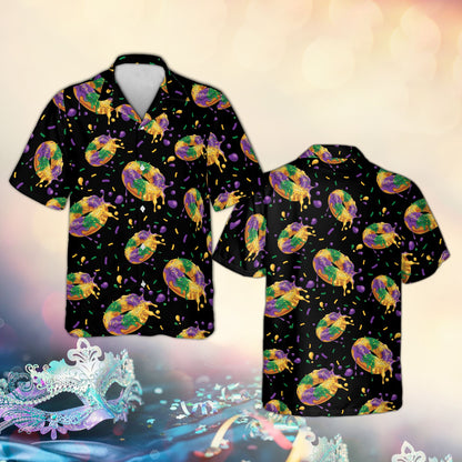 Matching family Hawaiian shirt with Mardi Gras king cake pattern on black background